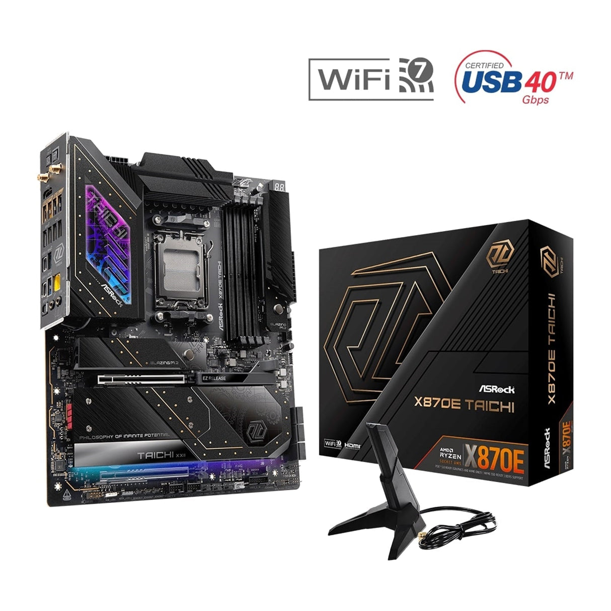 ASRock X870E TAICHI AMD AM5 Socket Motherboard, E-ATX, 4x DDR5 Slots, 4x M.2 Sockets, Fitted I/O Shield, 5GbE LAN, Wi-Fi 7, 1x HDMI Port / 2x USB-C (USB4)