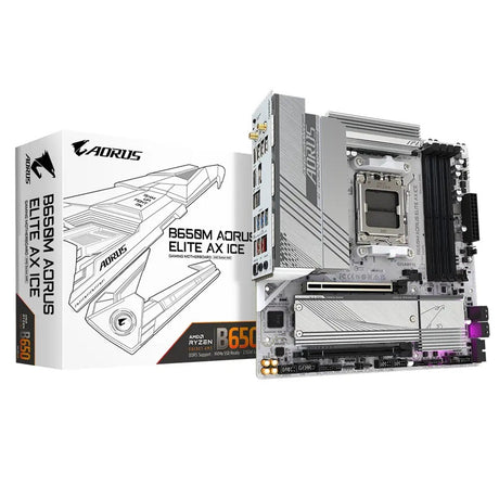 Gigabyte B650M AORUS ELITE AX ICE AMD AM5 Socket Motherboard, Micro-ATX, 4x DDR5 Slots, 2x M.2 Sockets, Fitted I/O Shield, 2.5GbE LAN, Wi-Fi 6E, 1x DisplayPort / 1x HDMI Port