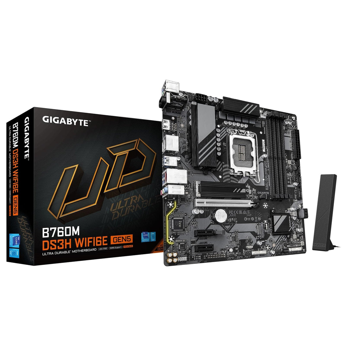 Gigabyte B760M DS3H WIFI6E GEN5 Intel 1700 Socket Motherboard, Micro-ATX, 4x DDR5 Slots, 2x M.2 Socket, 2.5GbE LAN, Wi-Fi 6E, 1x HDMI Port / 2x DisplayPort