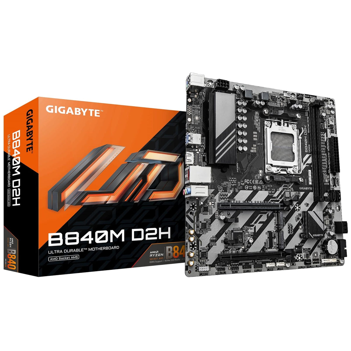 Gigabyte B840M D2H AMD AM5 Socket Motherboard, Micro-ATX, 2x DDR5 Slots, 2x M.2 Socket, 2.5GbE LAN, 1x HDMI Port
