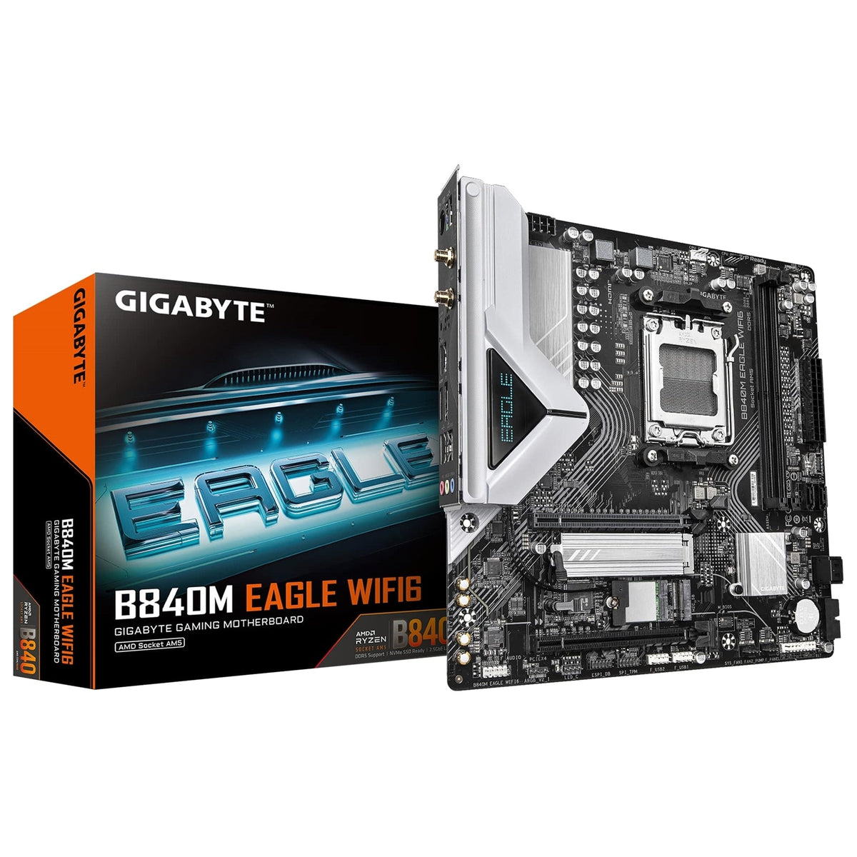 Gigabyte B840M EAGLE WIFI6 AMD AM5 Socket Motherboard, Micro-ATX, 2x DDR5 Slots, 2x M.2 Socket, Fitted I/O Shield, 2.5GbE LAN, Wi-Fi 6, 1x DisplayPort / 1x HDMI Port