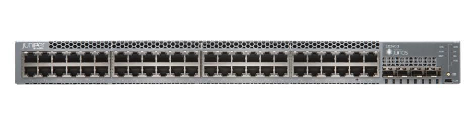 Juniper 48-port 10/100/1000BASE-T, 4 x 1/10GbE SFP/SFP+, 2 x 40GbE QSFP+, redundant fans, front-to-back airflow, 1 AC PSU JPSU-150-AC-AFO included (w/o optics)
