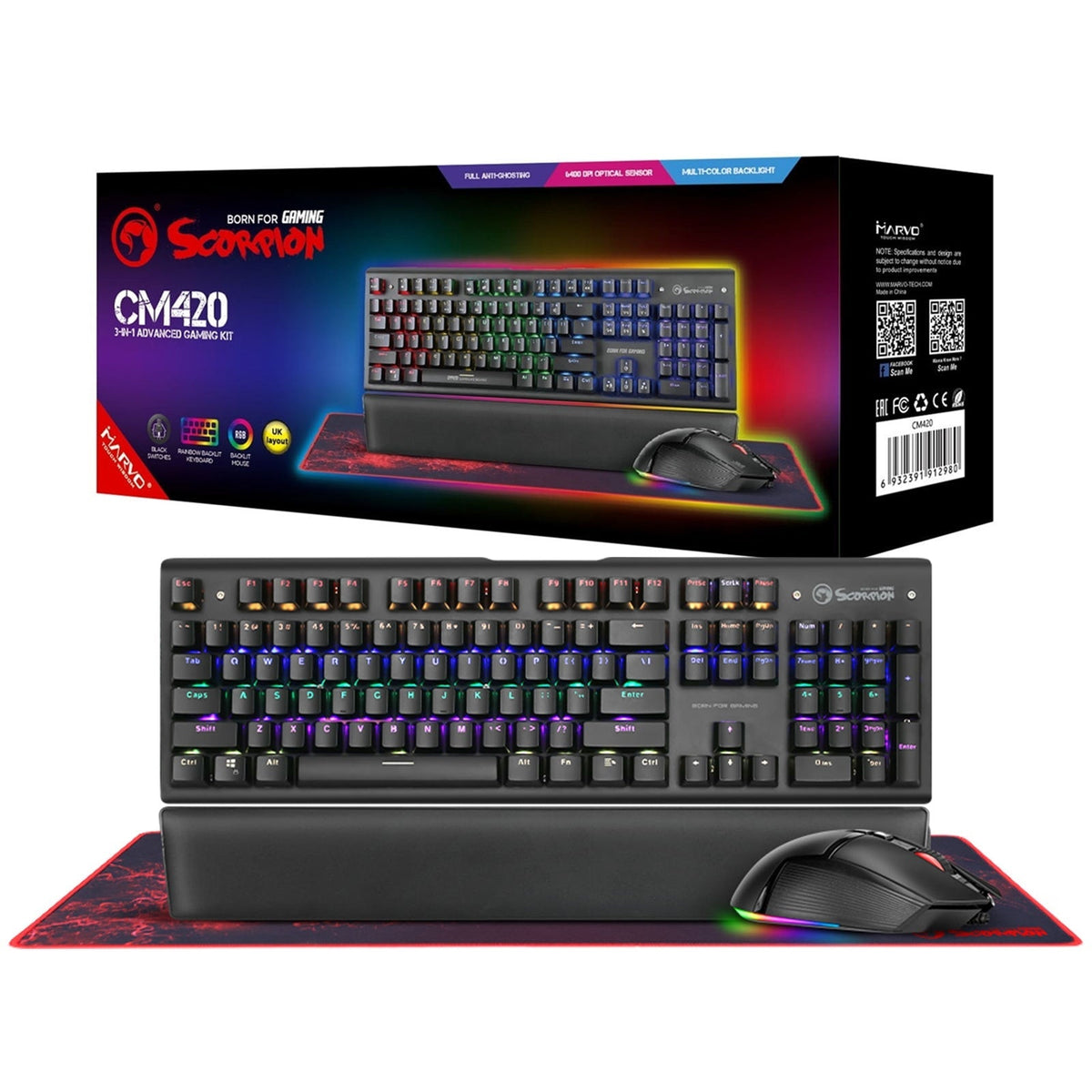 Marvo Scorpion CM420-UK 3-in-1 RGB Mechanical Keyboard, Mouse and Mouse Pad Gaming Bundle