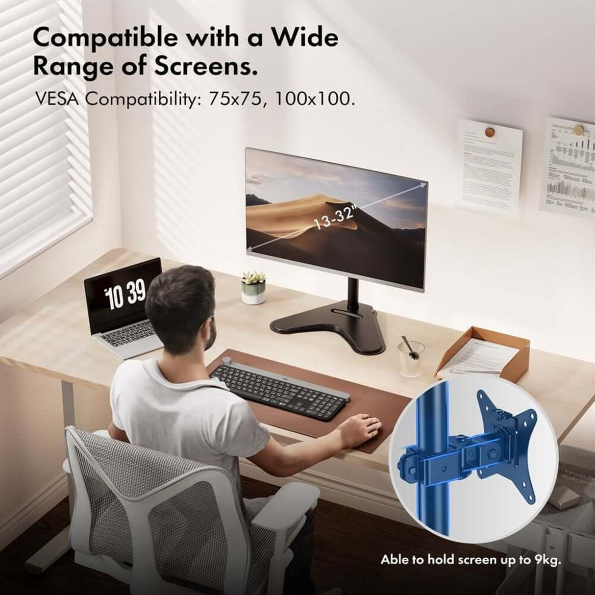 VonHaus Single Monitor Mount and Stand for 13-32 Inch Screens, VESA dimensions 75x75mm and 100x100mm